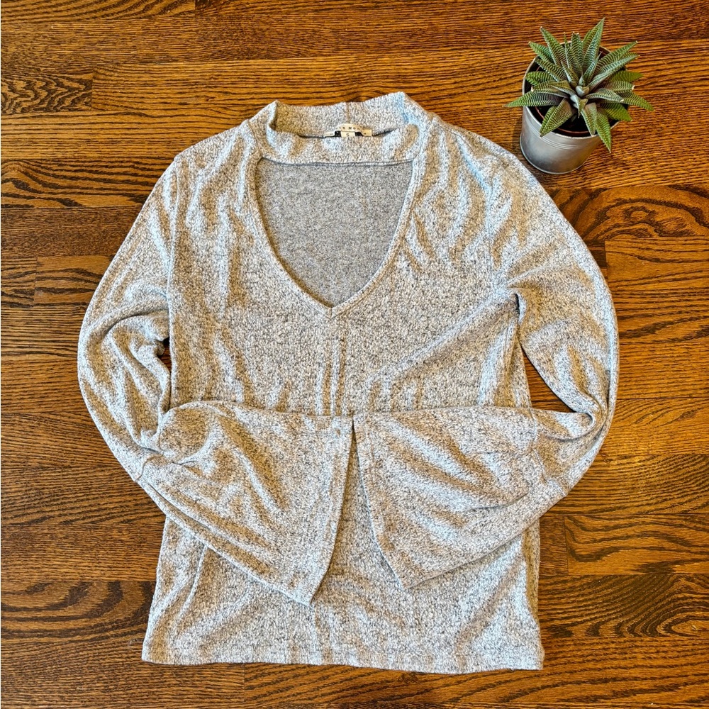 Grey Deep V-Neck Top with Chocker Neckline and Bell Sleeves. Size: Small